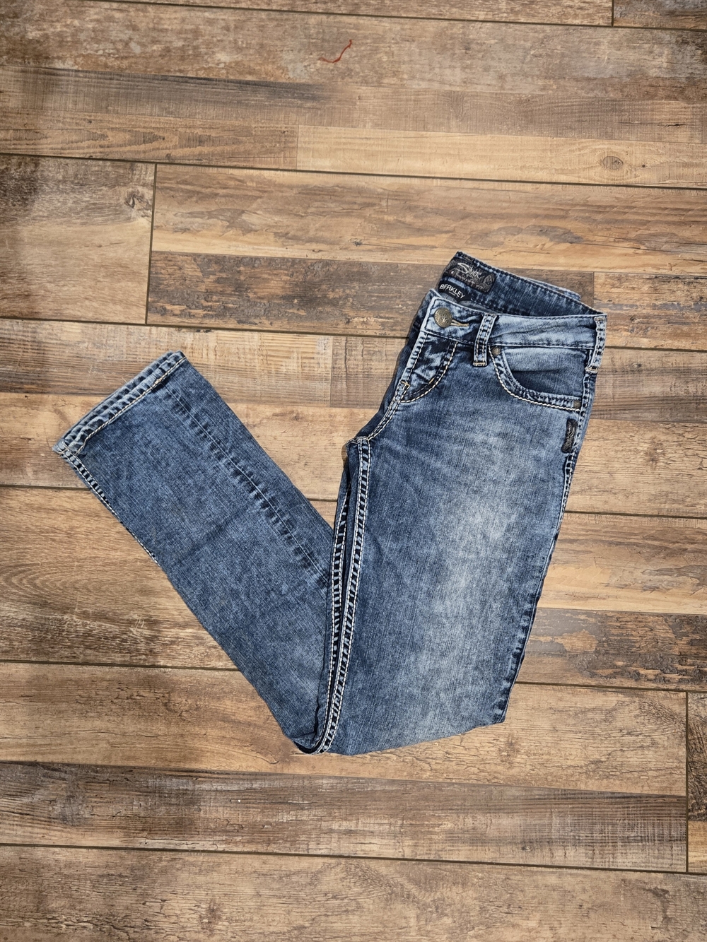 Silver Jeans Co Berkley Low Rise Straight Leg Jeans W26 Acid Wash Thick Stitch